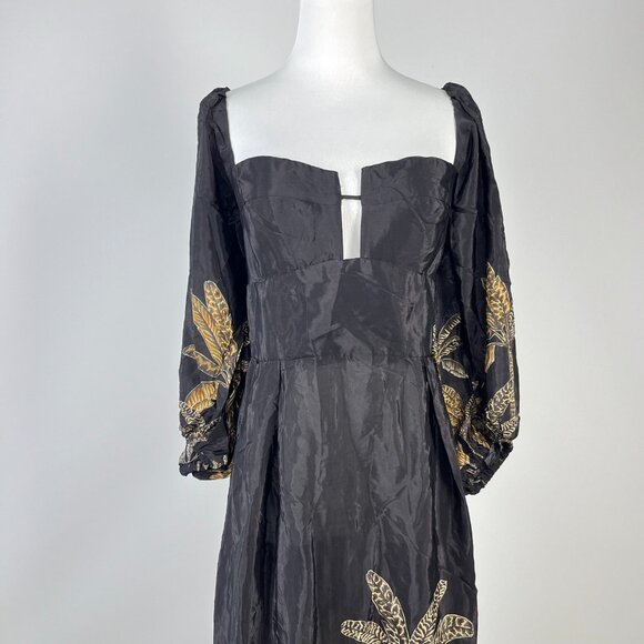 NWOT Farm Rio Maxi Dress Size M Black Print Puff Sleeves Plant Short Sleeve - Picture 6 of 14